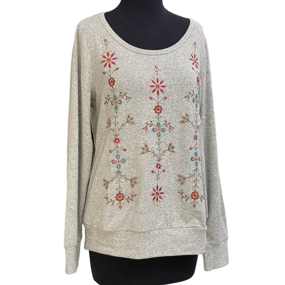 Savanna Jane Gray Floral Embroidered Sweatshirt Sz S Crew Neck Top NWT